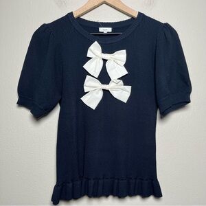 Voy Women Knit Top Medium Navy Blue White Bow Nautical Preppy Office Puff Sleeve